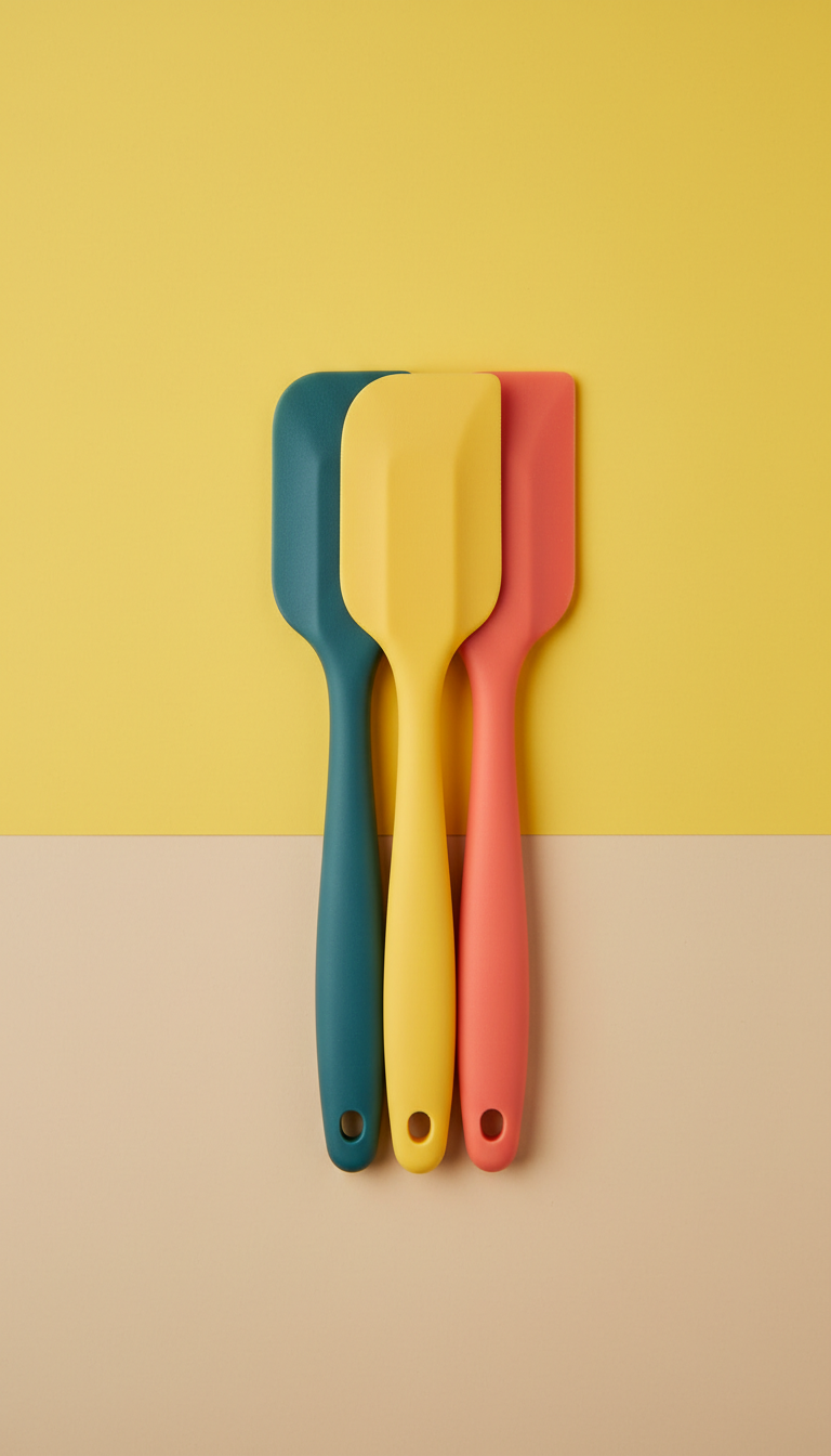 Silicone mixing spatulas in Teal Slate, Zest Yellow, and Hot Coral