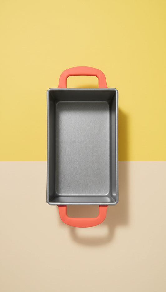 Stainless steel loaf pan with Hot Coral handles